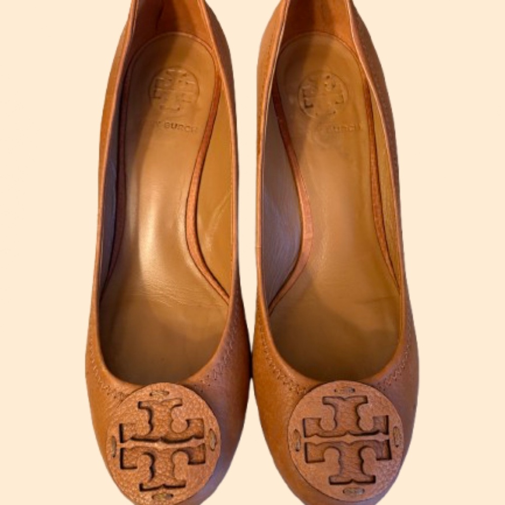Tory Burch Brown Leather Wedge Pumps Size 8